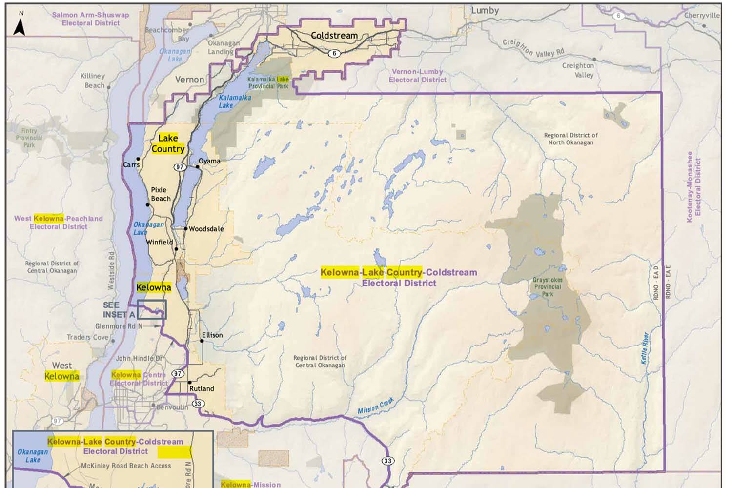The new riding of Kelowna-Lake-Country-Coldstream is one of six new ridings coming in time for the next provincial election. Metro Vancouver and the Fraser Valley will gain two additional ridings each, while Vancouver Island will also gain one. Overall, British Columbia will have 93 ridings under changes to Electoral Districts Act.