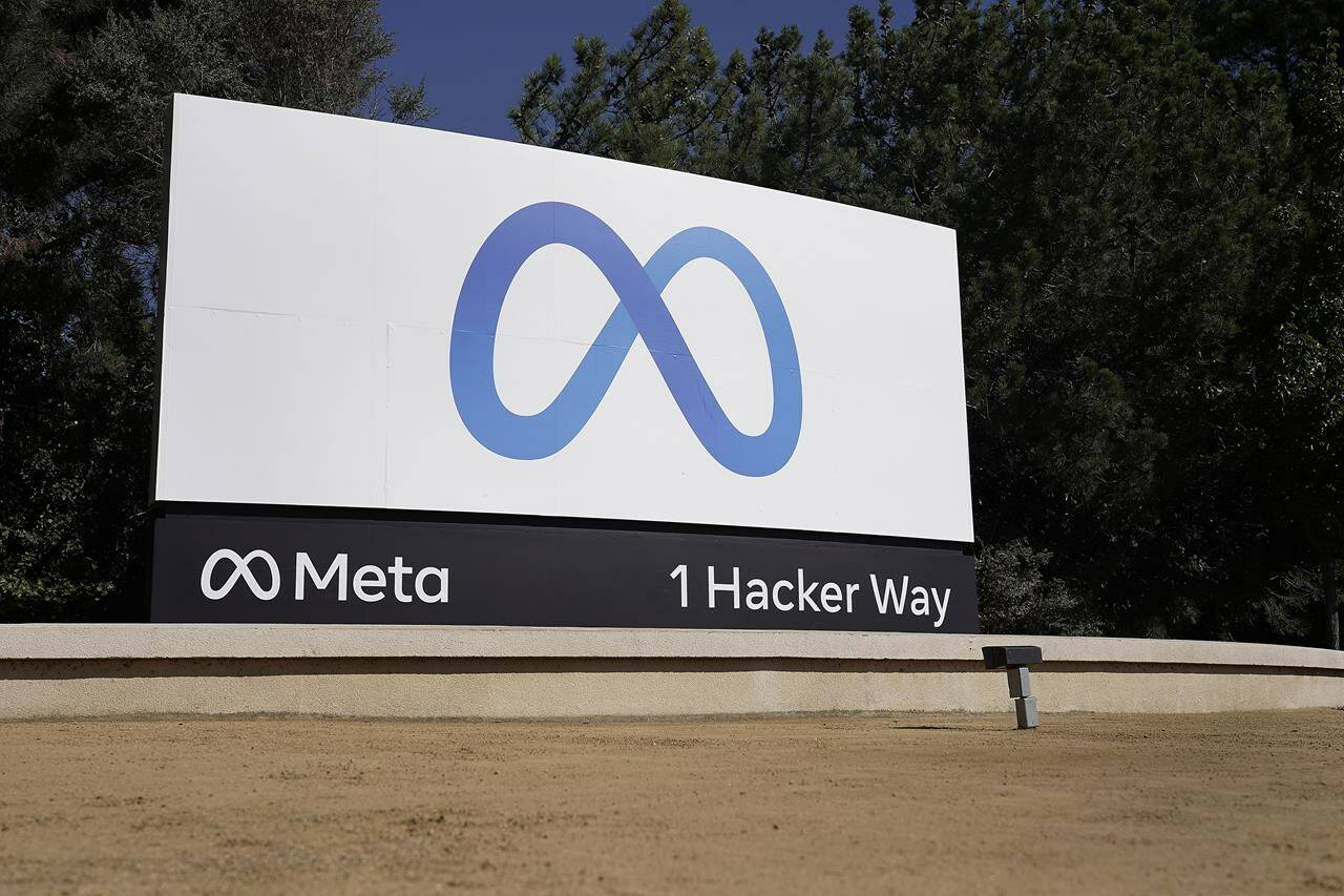 Facebook’s Meta logo sign is seen at the company headquarters in Menlo Park, Calif., on Oct. 28, 2021. A judge has dismissed the federal privacy watchdog’s bid for a declaration that Facebook broke the law governing the use of personal information in a case flowing from the Cambridge Analytica affair. THE CANADIAN PRESS/AP-Tony Avelar