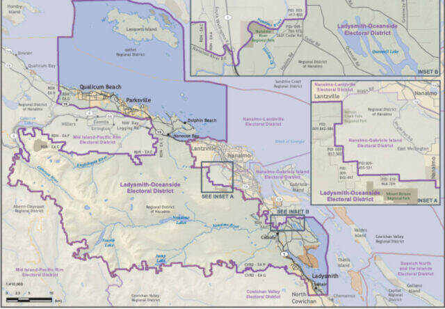 The Electoral Boundaries Commission is recommending that the Greater Nanaimo areas three ridings be re-aligned into Nanaimo-Gabriola, Nanaimo-Lantzville and Ladysmith-Oceanside. (Electoral Boundaries Commission report)
