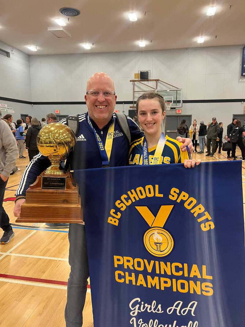Coldstream’s Dean Francks (left, with daughter Kristen after the pair won the B.C. Senior Girls AA Volleyball Championship in Merritt in December 2022) has been named a B.C. School Sports Citation of Excellence Award Winner for 2022-23. (Contributed)