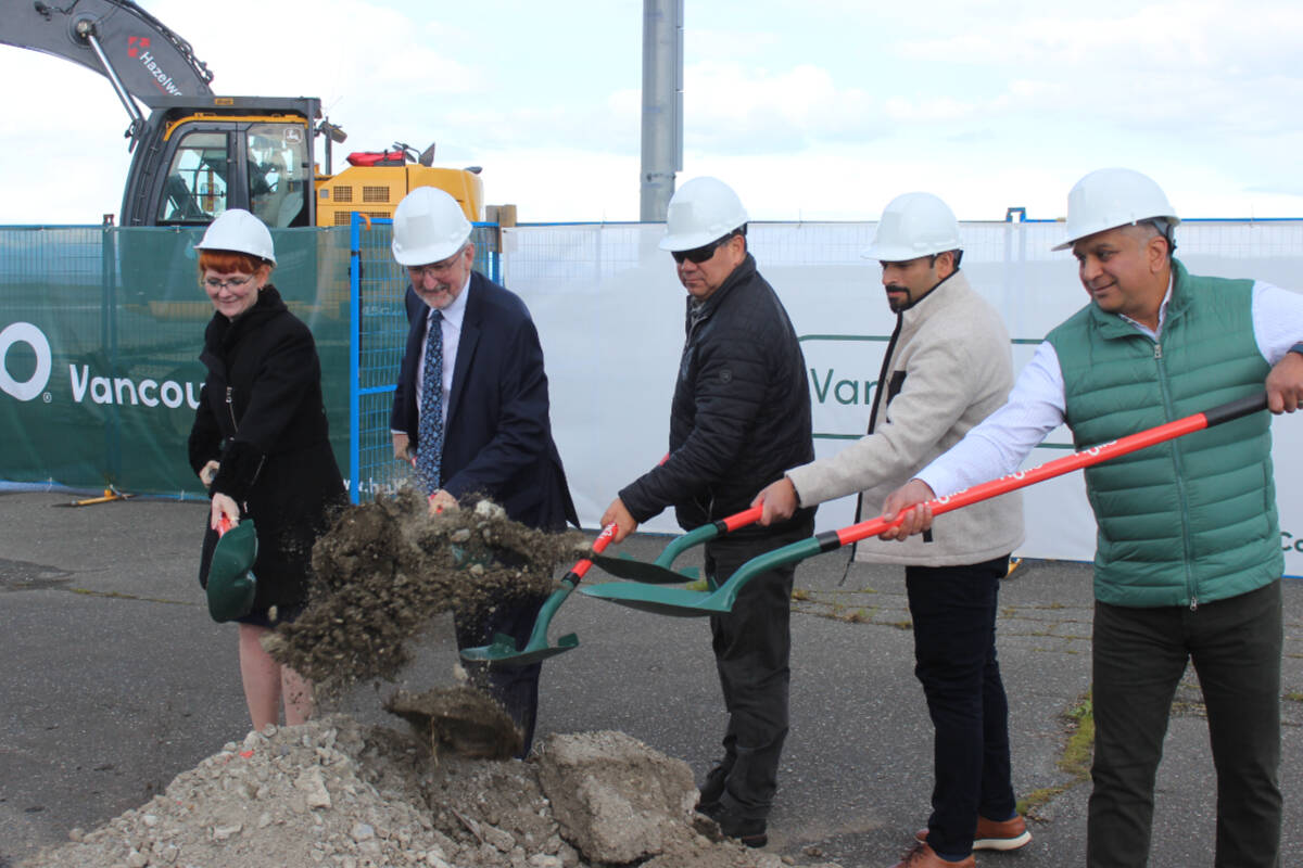 A ground-breaking ceremony was held at Nanaimo’s waterfront Wednesday, April 19, for the Hullo Ferries service. Lifting shovels were Nanaimo Port Authority chairperson Donna Hais, left to right; Nanaimo Mayor Leonard Krog; Snuneymuxw Chief Mike Wyse; Vancouver Island Ferry Company chief revenue officer Sekhar Angepat and executive chairperson Rupesh Amin. (Karl Yu/News Bulletin)