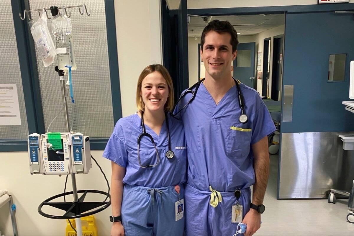 Ucluelet Secondary School grads and third year med students Nora Morrison and Giordano Corlazzoli find themselves practicing medicine at the same hospital in Chilliwack. (Submitted photo)