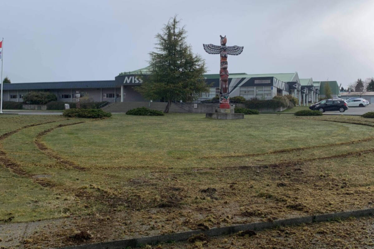 North Island Secondary School’s lawn was vandalized in the early morning hours of April 18. (Derek Koel photo)