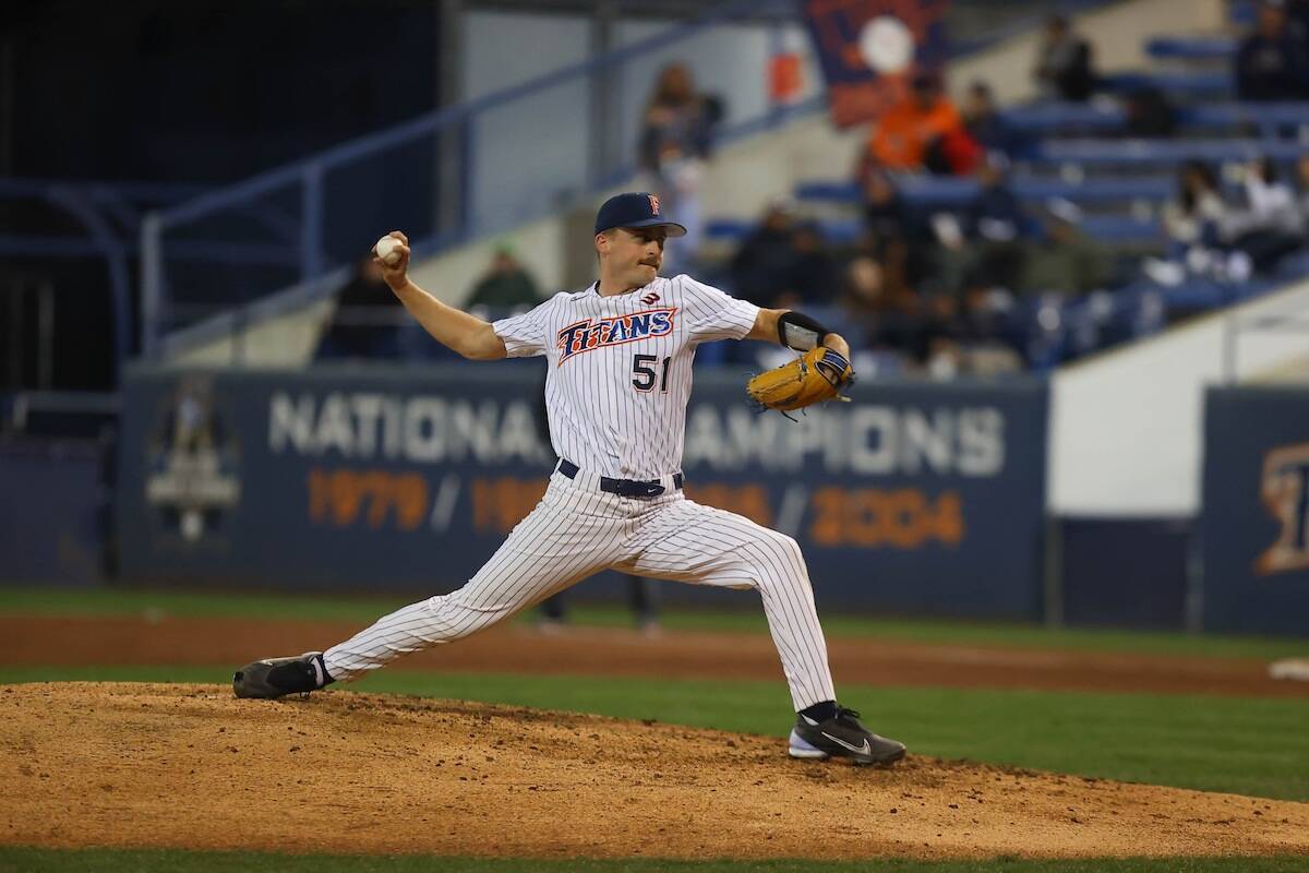 Cal State Fullerton baseball player and Victoria product Fynn Chester’s eight strong innings against UC Riverside on April 15 helped the senior earn Big West pitcher of the week honours. (Courtesy of Katie Abertson)