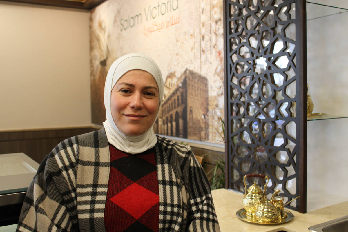 Safaa Naeman inside her Esquimalt restaurant, Syriana, on April 20. (Austin Westphal/News Staff)