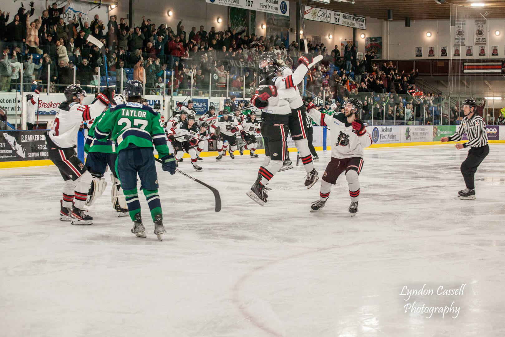 The Alberni Valley Bulldogs celebrate their overtime win against the Surrey Eagles during Game 4 of the Coastal Conference semi-finals on Wednesday, April 19. (PHOTO COURTESY LYNDON CASSELL PHOTOGRAPHY)