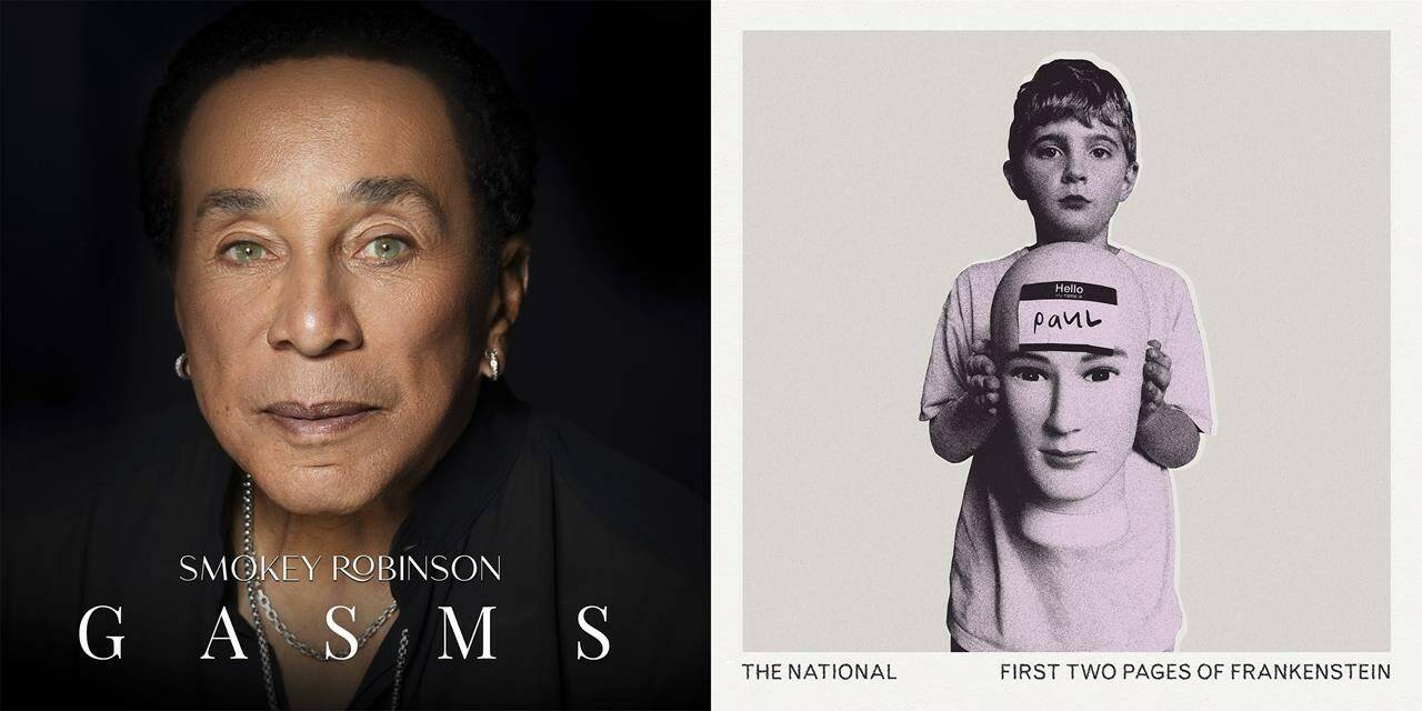 This combination of images shows album art for mokey Robinson’s new album “Gasms,” left, and “First Two Pages of Frankenstein” by The National. (TLR Music Group/ADA Worldwide via AP, left, and 4AD via AP)