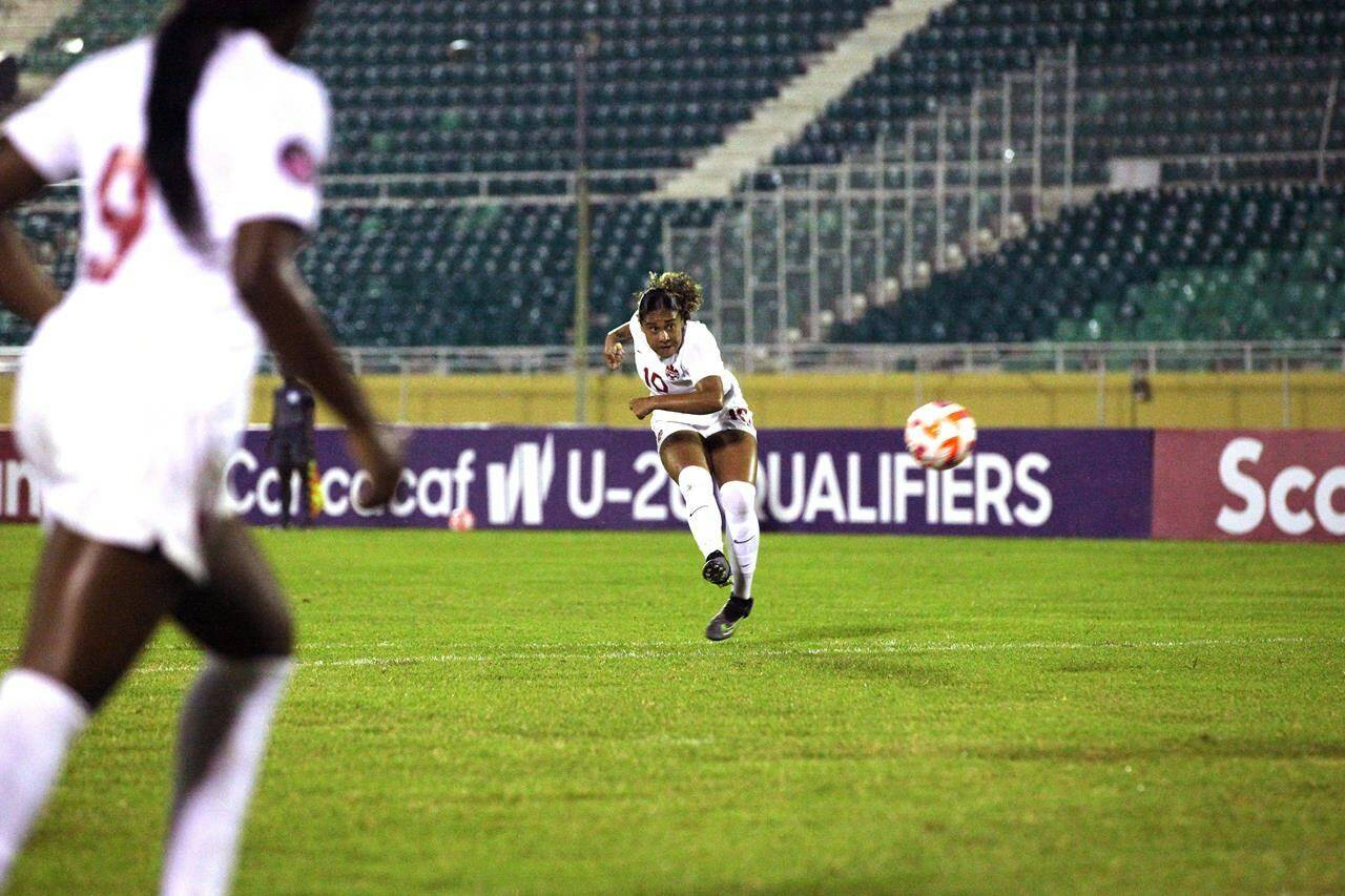 Olivia Smith scores from a free kick in Canada’s 9-1 win over El Salvador to qualify for the 2023 CONCACAF Women’s Under-20 Championship in this Saturday, April 22, 2023 handout photo in Santo Domingo, Dominican Republic. THE CANADIAN PRESS/HO, Canada Soccer