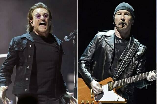 Lead singer Bono and guitarist The Edge will be performing in U2’s upcoming “U2:UV Achtung Baby Live At Sphere” Las Vegas shows starting Sept. 29. The band’s special five-night run of shows will be held until Oct. 8 at The Venetian’s MSG Sphere. (AP Photo)