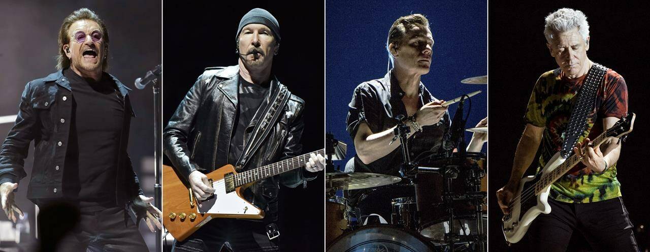 This combination of four separate photos shows members of the Irish rock band U2, from left, lead singer Bono performing in Washington on June 17, 2018, The Edge performing in Chicago on May 22, 2018, Larry Mullen Jr. and Adam Clayton, both performing at the Bonnaroo Music and Arts Festival in Manchester, Tenn., on June 9, 2017. Live Nation and Sphere Entertainment announced Monday the dates for U2’s upcoming “U2:UV Achtung Baby Live At Sphere” shows starting Sept. 29. The band’s special five-night run of shows will be held until Oct. 8 at The Venetian’s MSG Sphere. (AP Photo)