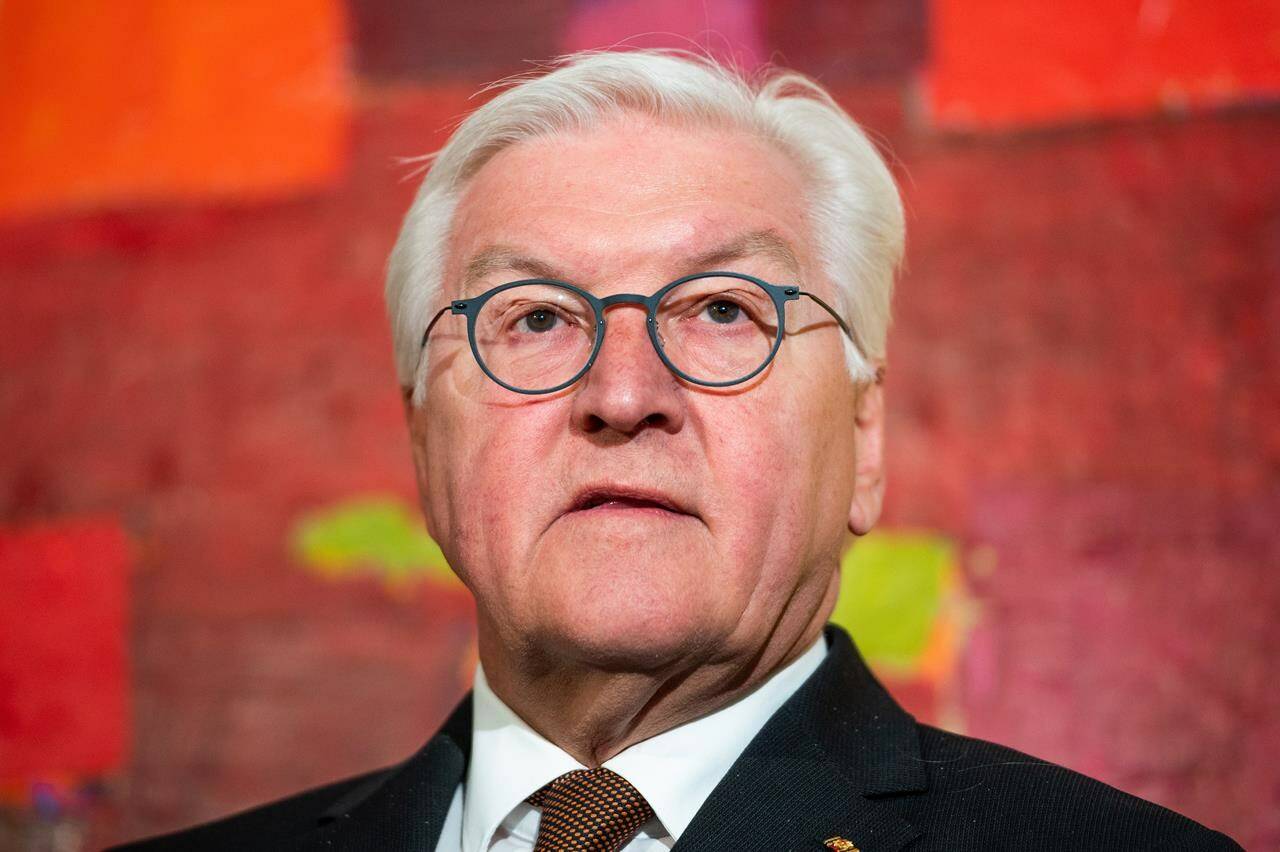 German President Frank-Walter Steinmeier speaks during a luncheon at the official residence of the German ambassador to Canada during an official visit in Ottawa, on Monday, April 24, 2023. Steinmeier is in the Lower Mainland today on the third day of his four-day trip to Canada. THE CANADIAN PRESS/Spencer Colby