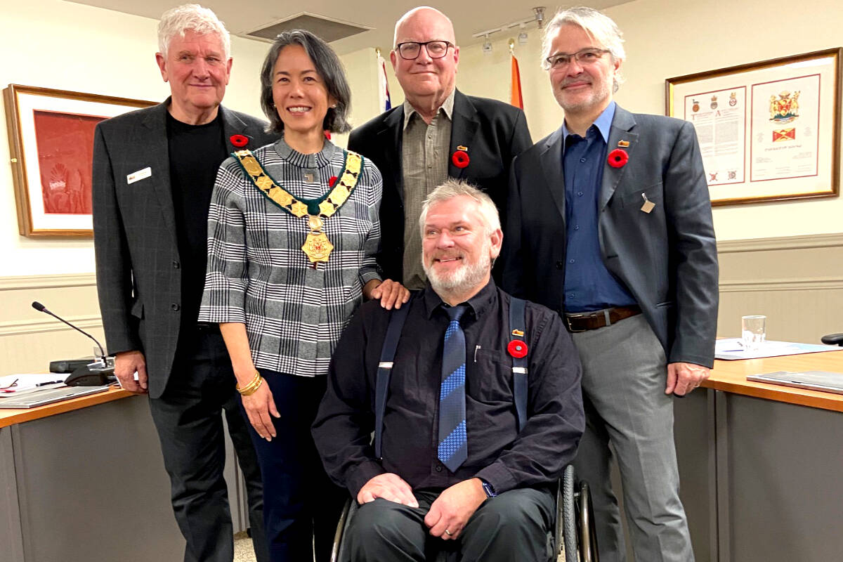 Mayor Maja Tait and councillors Al Beddows, Jeff Bateman, Dana Lajeunesse and Tony St-Pierre received a raise Jan. 1. Missing Kevin Pearson and Megan McMath. (File - Sooke News Mirror)