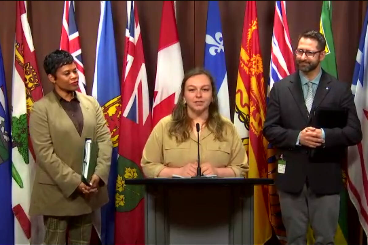 Morrell Andrews speaking at a press event announcing Bill S-12 in Ottawa on Wednesday (April 26). (Livestream)