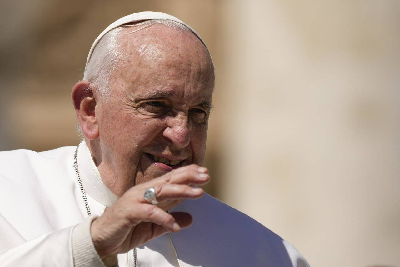 Pope Francis leaves at the end of his weekly general audience in St. Peter’s Square, at the Vatican, Wednesday, April 26, 2023. (AP Photo/Alessandra Tarantino)