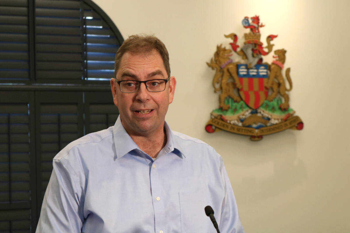 Langford Mayor Scott Goodmanson announces the province would be providing temporary accomodations for displaced RidgeView Place residents. (Bailey Moreton/News Staff)