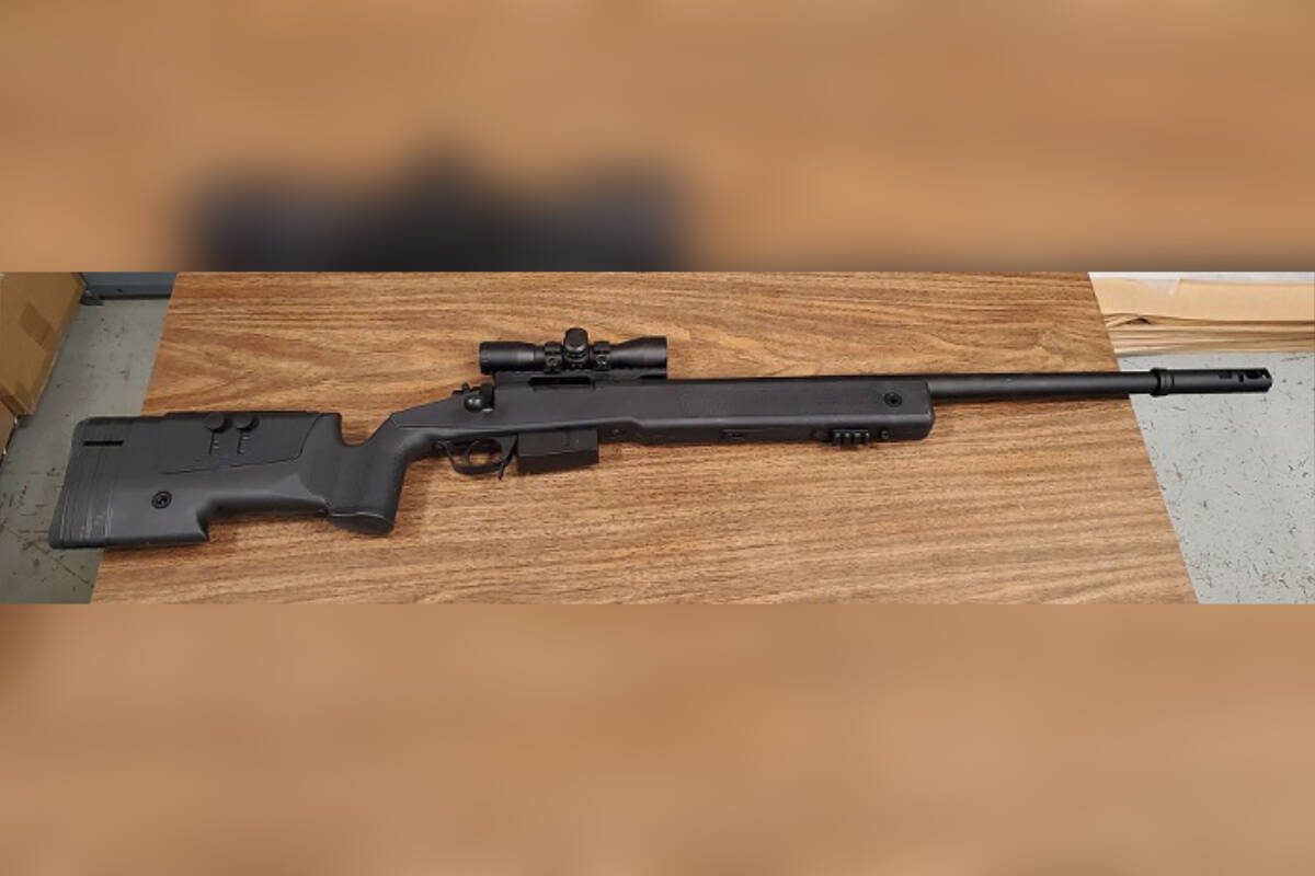 Two men were arrested after they were spotted with an airsoft rifle near Royal Roads University Thursday (April 27) afternoon, prompting a brief lockdown at two schools. (Courtesy of West Shore RCMP)