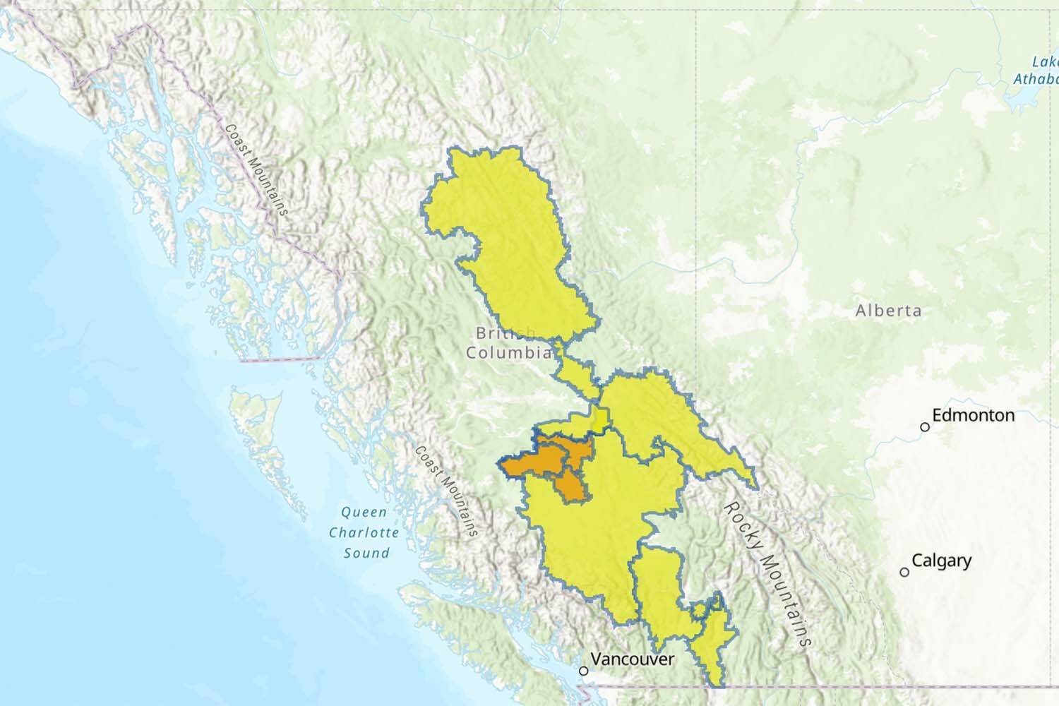 River levels are rising or expected to rise rapidly in yellow areas, but no major flooding is expected. Minor flooding in low-lying areas is possible. River levels are rising and will approach or may exceed bankfull in brown areas. Flooding of areas adjacent to affected rivers may occur. (Screencap)