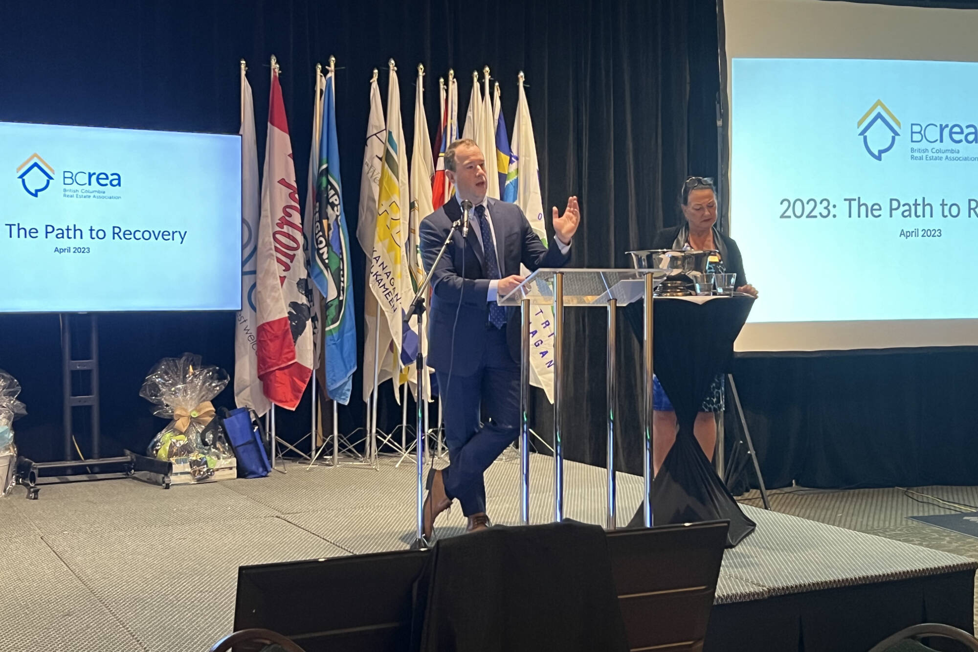 Brendon Ogmundson, chief economist of the BC Real Estate Association, spoke at the Southern Interior Local Government Association (SILGA) conference in Vernon Thursday, April 27, 2023, about the path to recovery in the housing market. (Brendan Shykora - Morning Star)