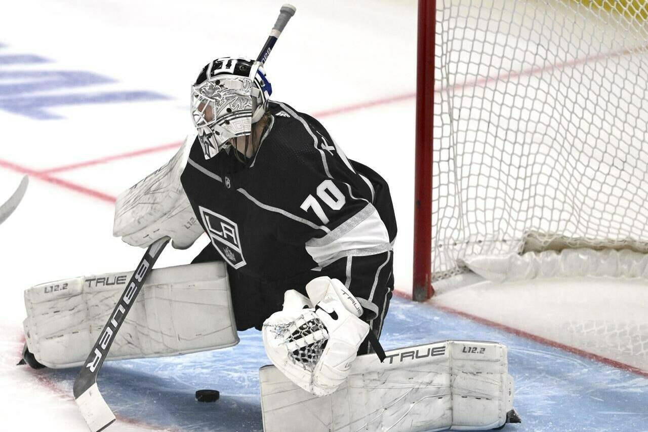 Los Angles Kings goalie Joonas Korpisalo gives up a goal to Edmonton Oilers’ Connor McDavid during the first period in Game 6 of an NHL hockey Stanley Cup first-round playoff series in Los Angeles on Saturday, April 29, 2023. (Keith Birmingham/The Orange County Register via AP)