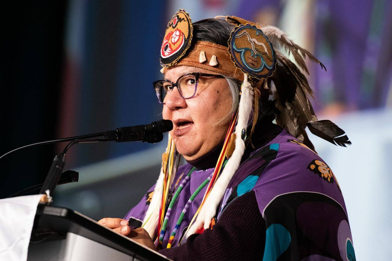 Assembly of First Nations National Chief RoseAnne Archibald speaks during her closing address at the Assembly of First Nations Special Chiefs Assembly in Ottawa, Thursday, Dec. 8, 2022. Archibald says the Pope’s willingness to return Indigenous artifacts stored at the Vatican Museum suggests the items will make their way home. THE CANADIAN PRESS/Spencer Colby