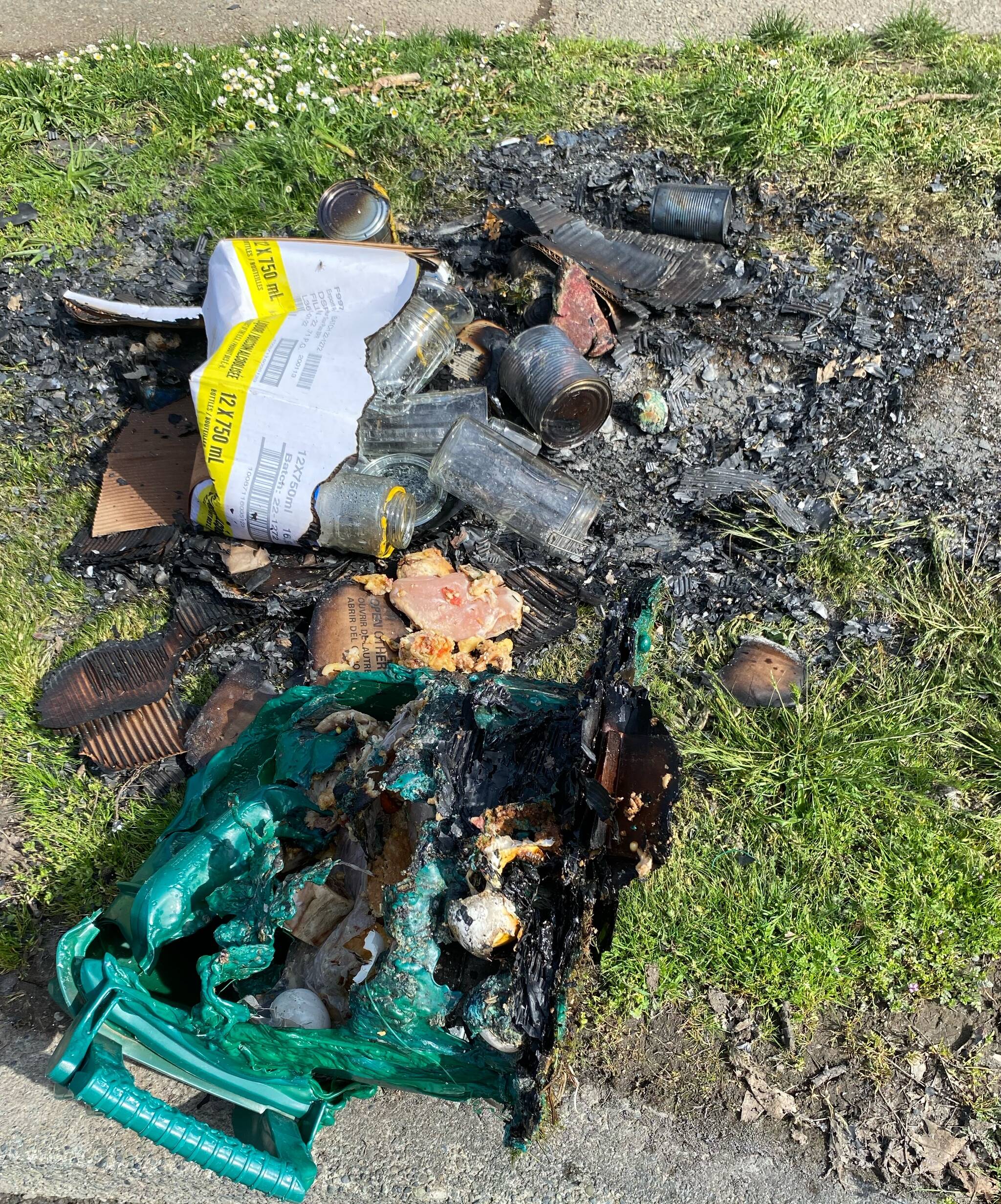 Here sits the charred remains of Debbie Marc's green bin and other recycling that was set on fire by mischief makers during the early morning hours on May 2. City of Duncan CAO Peter deVerteuil shares that the city simply does not have the resources to assist the masses when they are impacted by this type of mayhem. Marc was informed replacing the green bin would be her financial responsibility. (Chadd Cawson/Citizen)