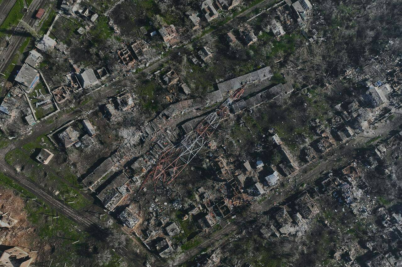An aerial view of Bakhmut, the site of the heaviest battles with the Russian troops in the Donetsk region, Ukraine on Wednesday, April 26, 2023. Global Affairs says two Canadians have been killed in Bakhmut, as tributes pour in for the men who were from Ontario and Alberta. THE CANADIAN PRESS/AP-Libkos
