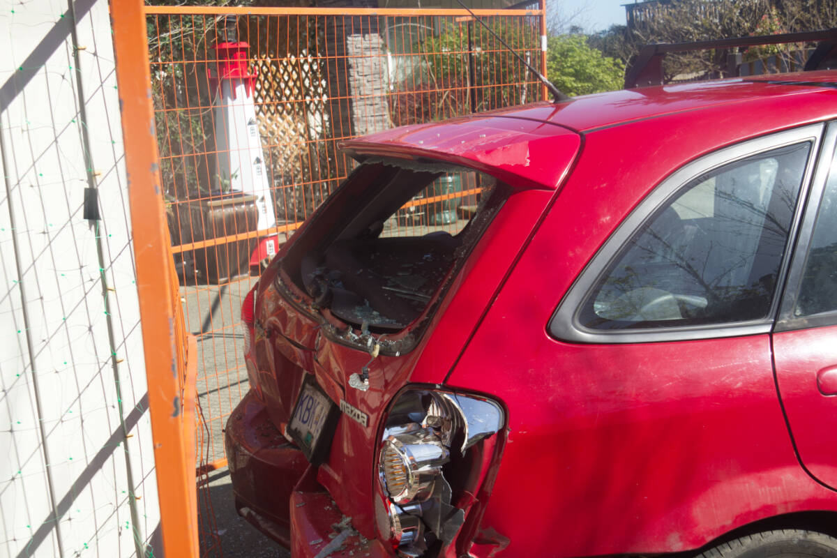 The car which came downhill and crashed into a gate April 28 had some cosmetic damage to the back of the vehicle, but no injuries an no damage to the house on Alder St. Photo by Edward Hitchins/Campbell River Mirror