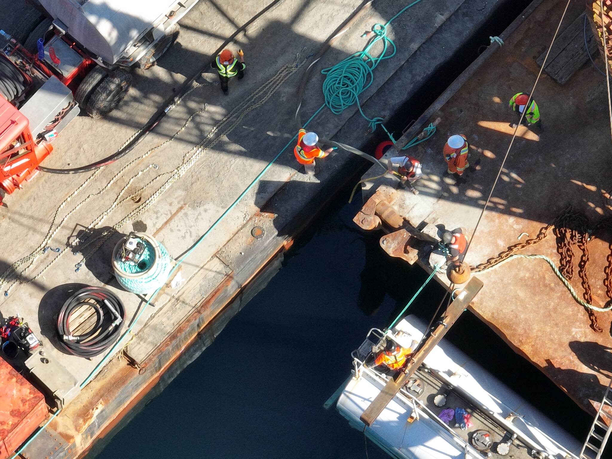 A response between The Ha-ma-yas Guardians, the Canadian Coast Guard and Western Canada Marine Response Corporation raised a sunken diesel tanker off Hardwicke Island last week. Photo courtesy DFO Marine Mammal Response Unit