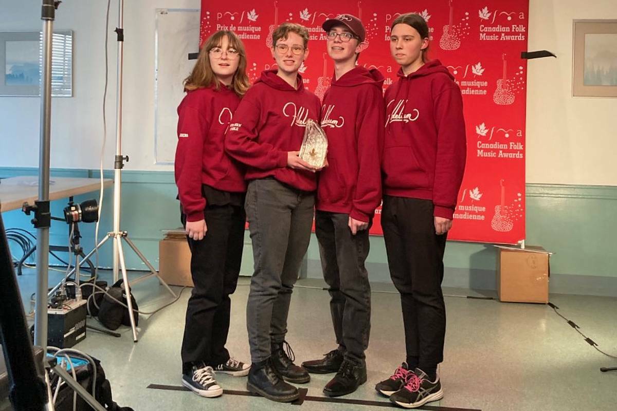 Fiddelium members Norah Figueira, left, Ava Shaw, Ben Rainer and Olivia Crowhurst accepted the Young Performers of the Year award during the Canadian Folk Music Awards in Vancouver on April 1. (Submitted photo)