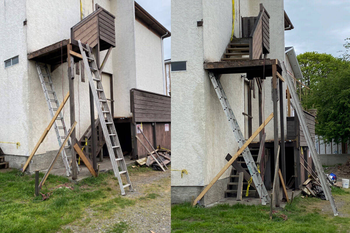An exterior staircase was removed without permits from a Cook Street building that’s had various fire safety issues in recent years. (Courtesy City of Victoria)
