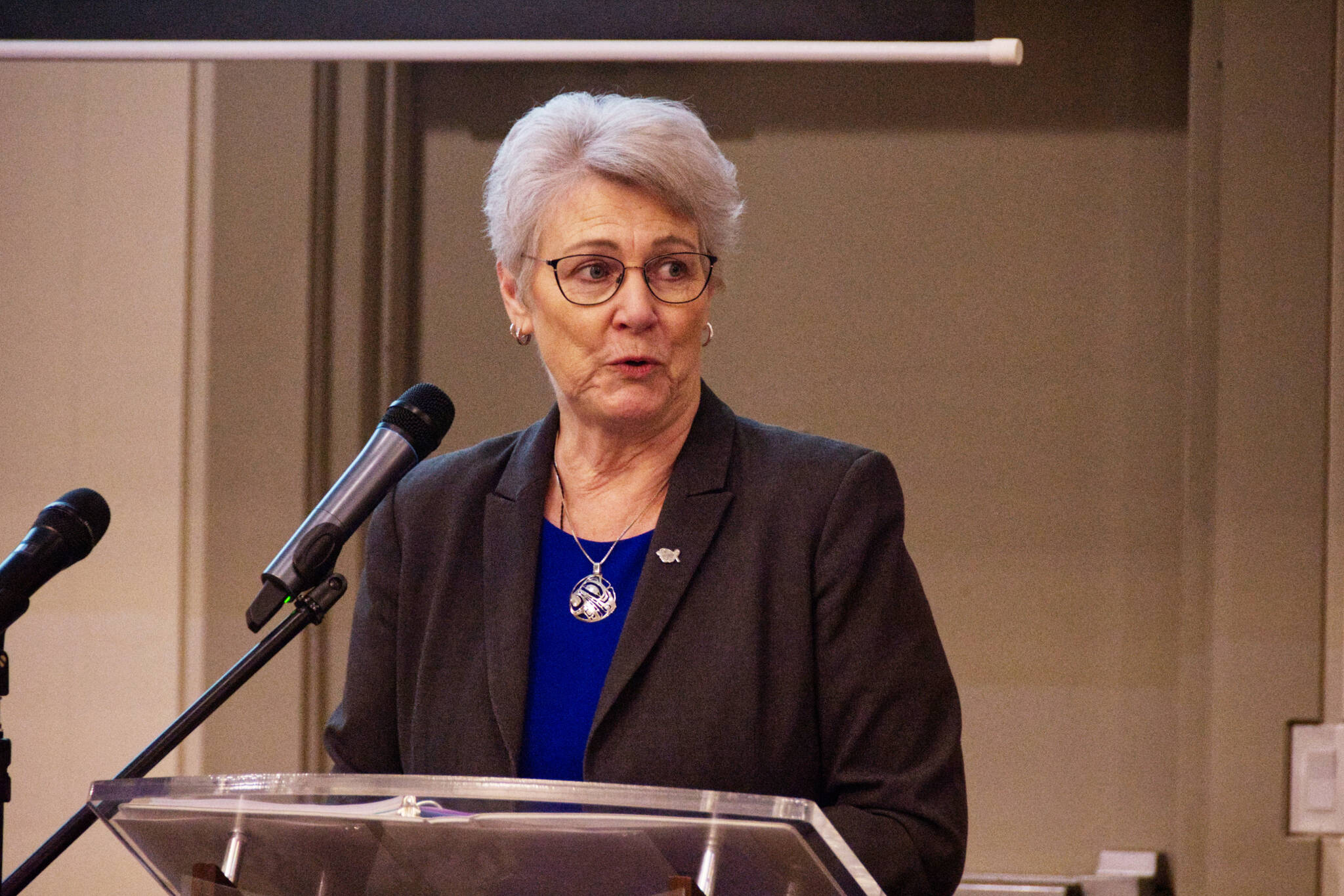B.C. Finance Minister Katrine Conroy says Bill 5 gives government lawyers what they want, which is to join a union. But the BC Government Lawyers Association say they do not want join the Professional Employees Association. Conroy addresses Cranbrook Chamber of Commerce members on March 24, 2023. (Trevor Crawley photo.)