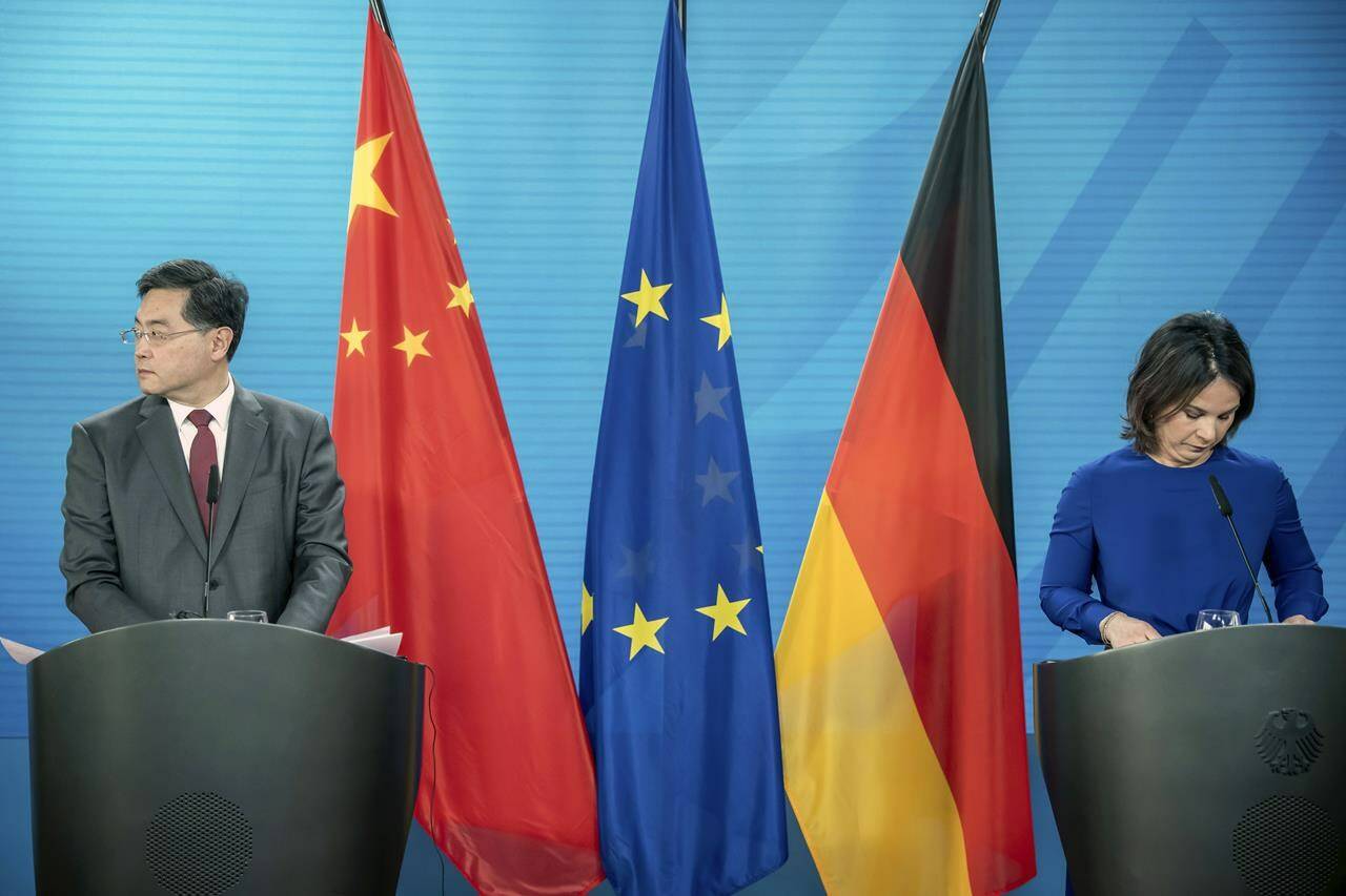 Germany’s Foreign Minister, Annalena Baerbock, right, and her counterpart, Qin Gang, Foreign Minister of China, attend a press conference after bilateral talks at the Federal Foreign Office in Berlin, Tuesday, May 9, 2023. (Michael Kappeler/Pool photo via AP)
