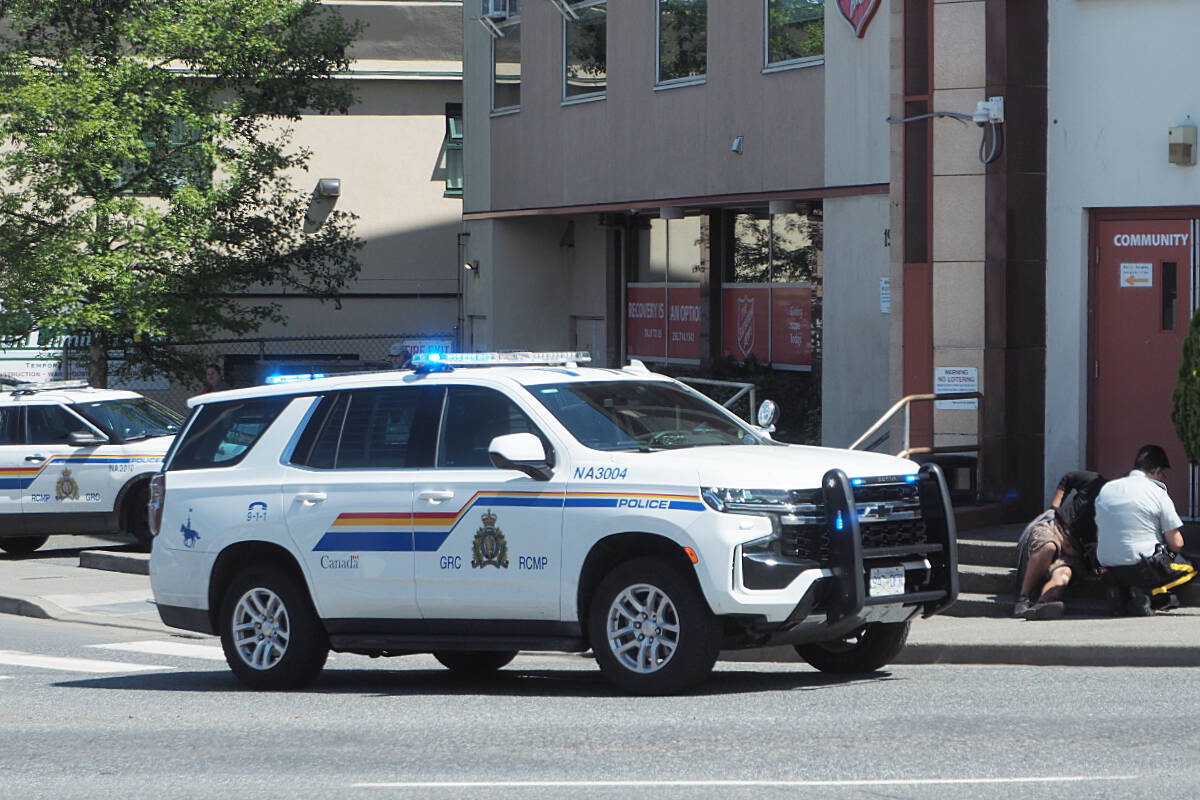 Nanaimo RCMP rushed to the Salvation Army New Hope Centre after a man was stabbed with a corkscrew on Tuesday, May 9. (Chris Bush/News Bulletin)