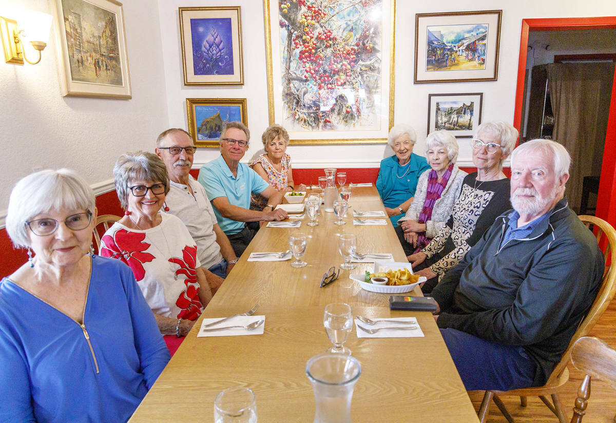 Luncheon group honouring Cim MacDonald, second on the right, for her longtime work as curator with the Festival of Murals Society. (Photo by Daphne Carlyle)
