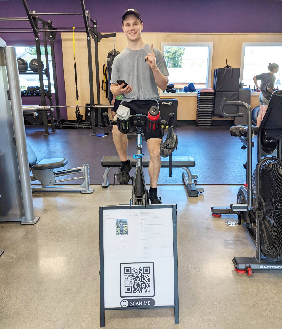 Mitch Buxton on the stationary bike for a long 24-hour haul at Anytime Fitness in Chemainus. (Photo submitted)