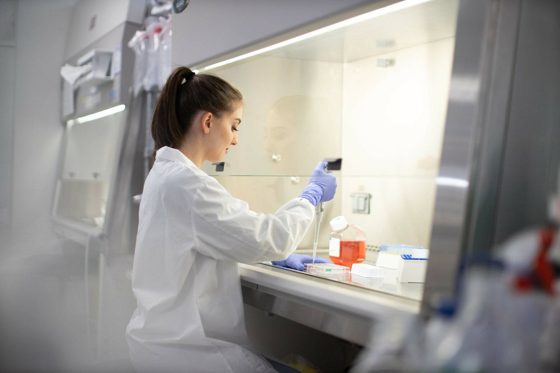 An AbCellera Biologics Inc. scientist pipettes cell culture reagents in a biosafety cabinet at an AbCellera laboratory. The company plans an expansion of its Vancouver facilities with a total cost of $701 million with Ottawa and Victoria putting $300 million toward the project. B.C.’s share is $75 million. (THE CANADIAN PRESS/HO, AbCellera Biologics Inc.)