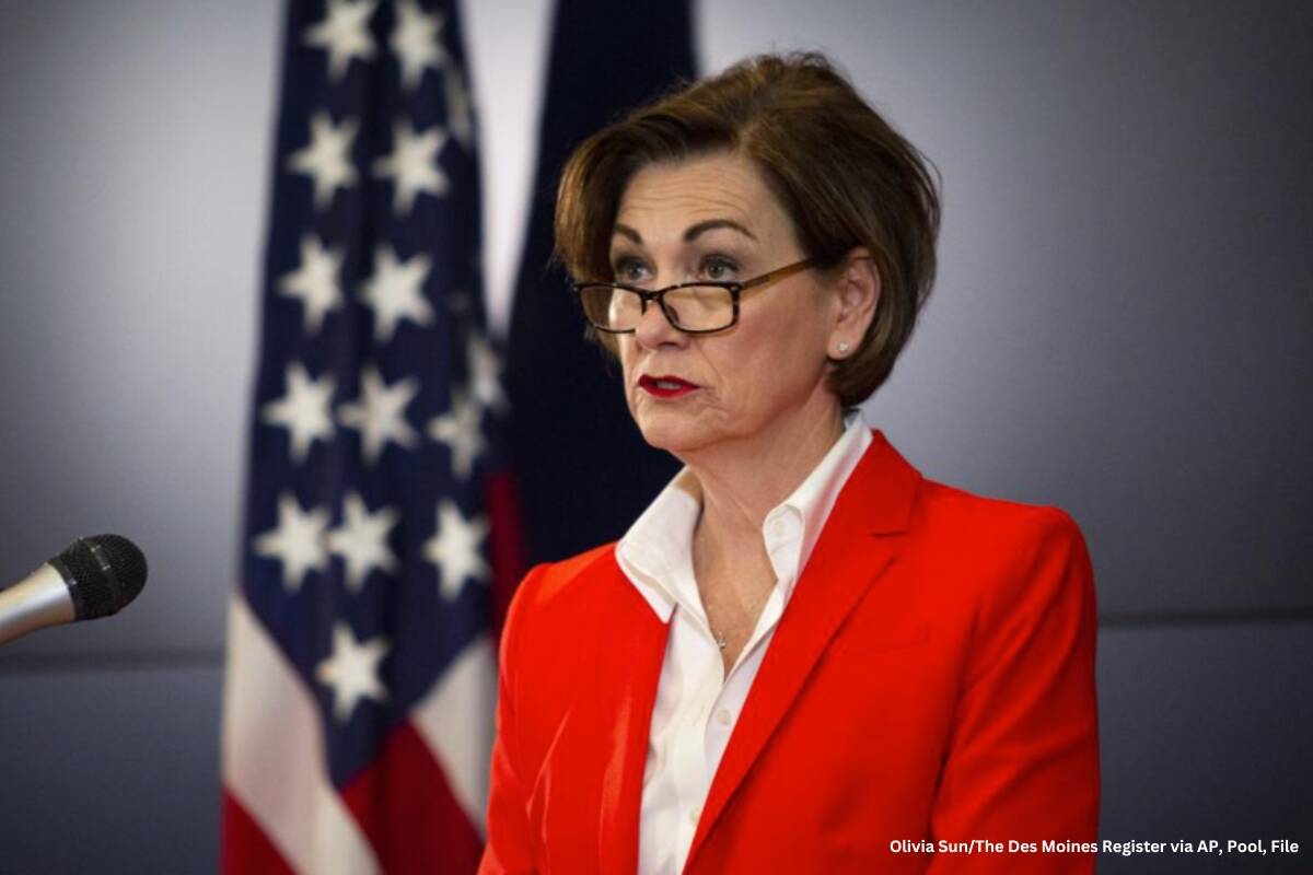 FILE - Iowa Governor Kim Reynolds holds a news conference on COVID-19 in Johnston, Iowa, Tuesday, May 19, 2020. As the federal government scrambles to crack down on surging child labor violations, some state lawmakers want to let children work longer hours and in more hazardous occupations. In addition to allowing 16- and 17-year-olds to work unsupervised in child care centers last year, the Iowa Legislature sent a bill to Republican Gov. Reynolds earlier this month to expand the hours minors can work and allow 16- and 17-year-olds to serve alcohol in restaurants. (Olivia Sun/The Des Moines Register via AP, Pool, File)