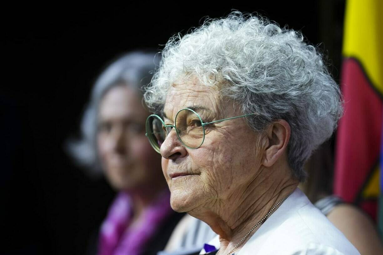 Leslie McBain, co-founder of Moms Stop the Harm, takes part in a news conference on Parliament Hill in Ottawa on Tuesday, May 30, 2023. THE CANADIAN PRESS/Sean Kilpatrick
