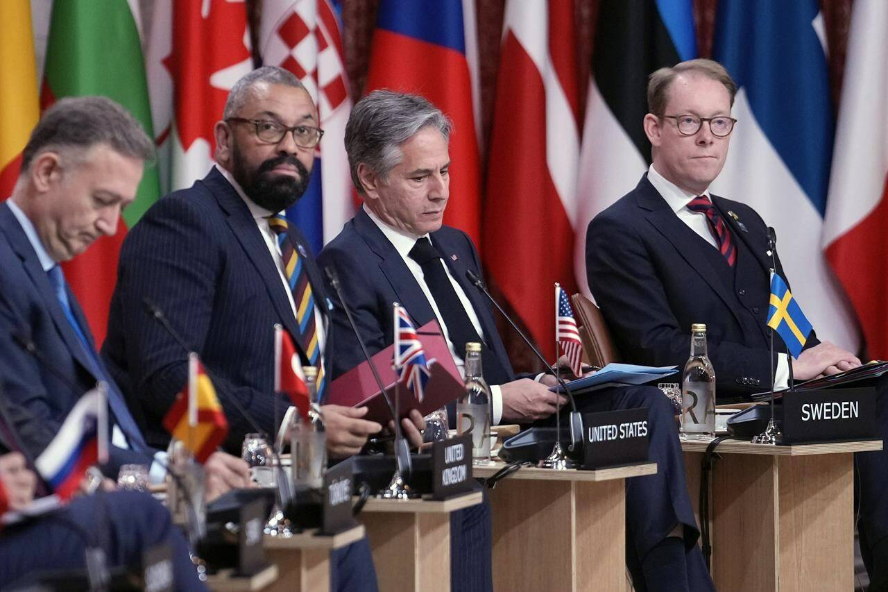 From left, NATO Ambassador NATO Ambassador Zeki Levent Gumrukcu, from Turkey, British Foreign Secretary James Cleverly, U.S. Secretary of State Antony Blinken, and Swedish Foreign Minister Tobias Billstrom attend a meeting of NATO’s foreign ministers in Oslo, Thursday, June 1, 2023. (Javad Parsa/Pool Photo via AP)