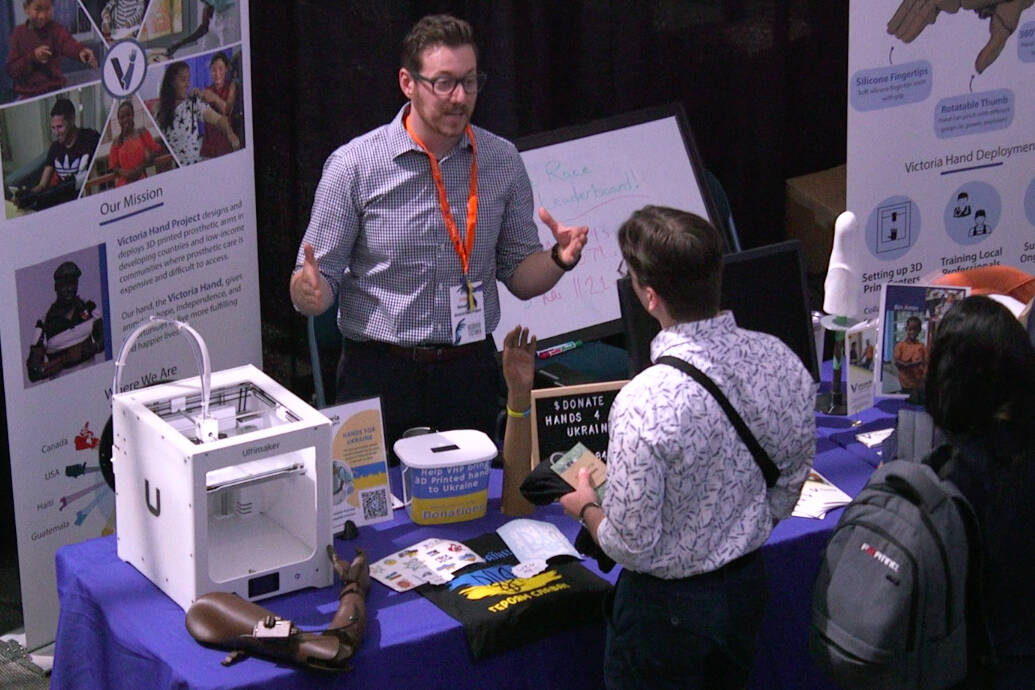 Booth vendor displays new tech at Tectoria at the Crystal Gardens 2023. (Ella Matte/Staff)