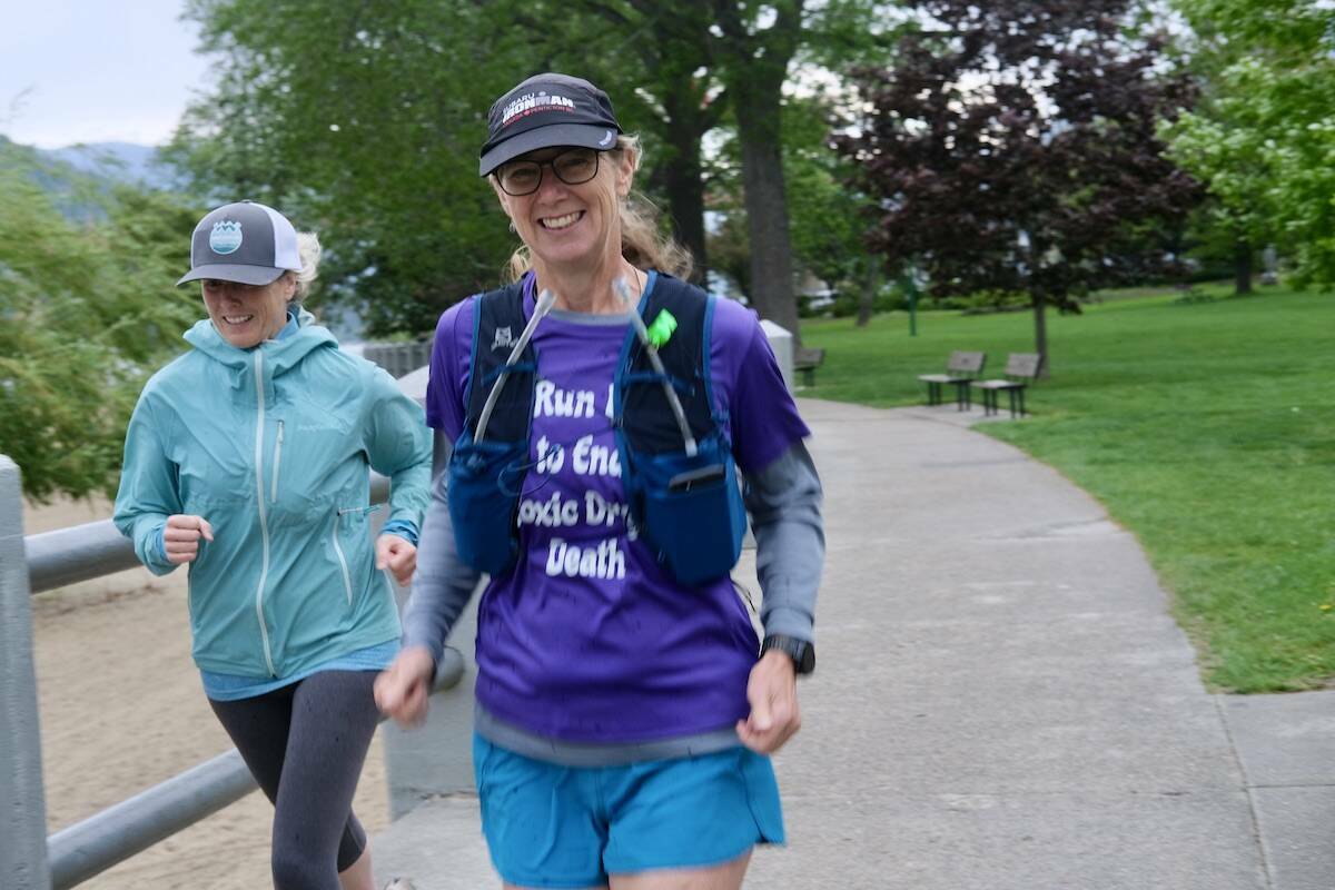 Jessica is running more than 900 kilometres from Nelson to Victoria as part of “Aubrey’s Run Across B.C. to End Toxic Drug Death,” passing through the Okanagan and stopping in communities for events along the way. She is running in memory of her son Aubrey, who died from toxic drug poisoning on Aug. 30, 2022. (Bill Metcalfe photo)