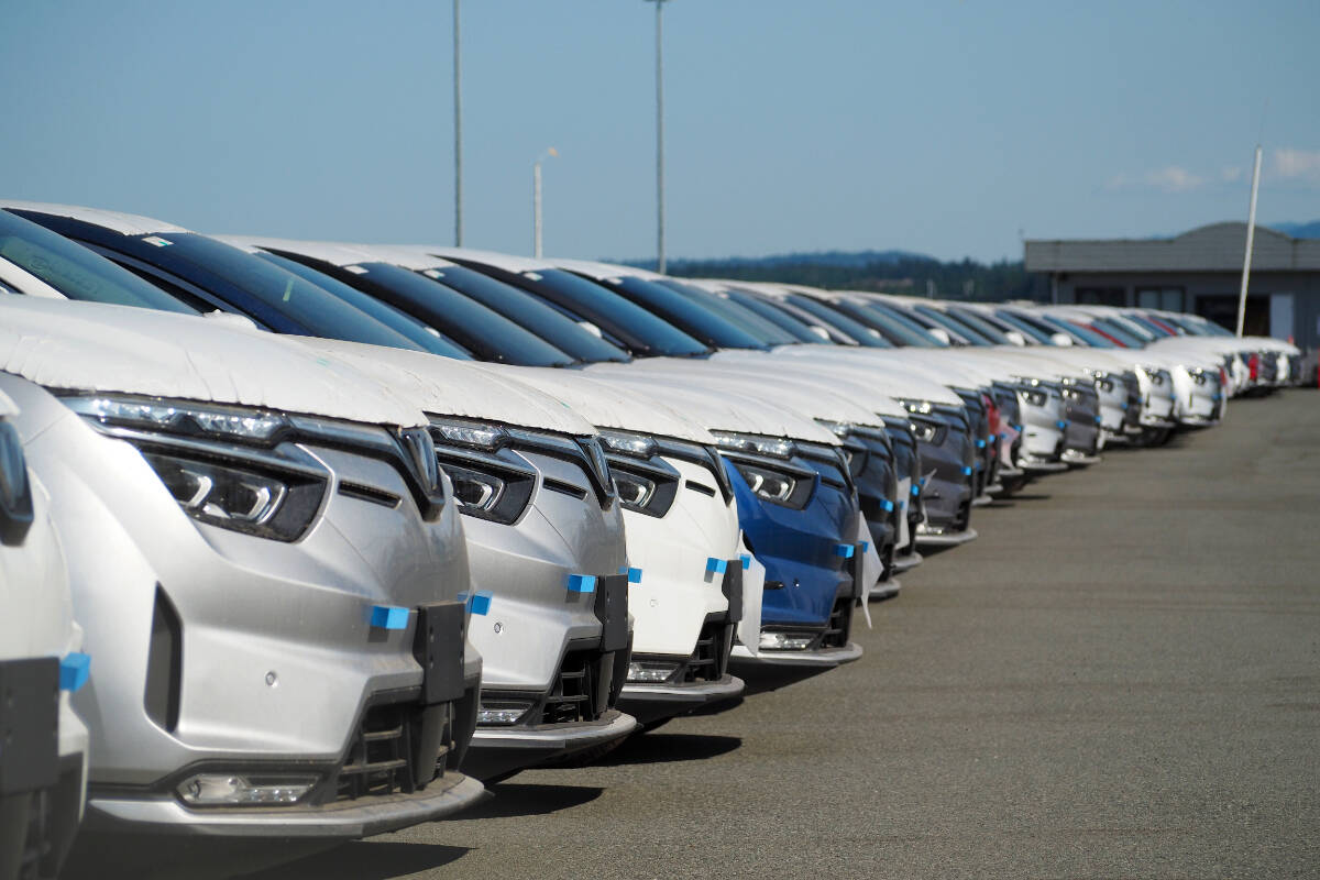 Hundreds of electric cars, built in Vietnam and newly certified for sale in Canada, arrived at the B.C. Vehicle Processing Centre in Nanaimo May 16 and will available to Canadian buyers this month. (Chris Bush/ News Bulletin)