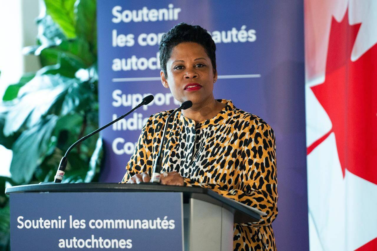 Minister for Women and Gender Equality and Youth, Marci Ien, delivers remarks during an announcement to support a national Indigenous women’s and LGBTQ organization at the Native Women’s Association of Canada (NWAC) in Gatineau, Que., Monday, June 5, 2023. The Trudeau government is earmarking $1.5 million for LGBTQ community organizations to boost security measures at Pride parades and other events this summer. THE CANADIAN PRESS/Spencer Colby