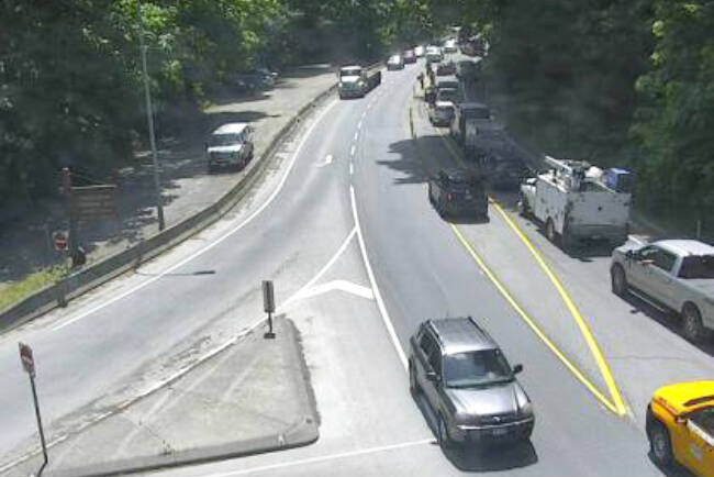 A crash on the Trans-Canada Highway near Finlayson Arm Road has the highway down to single-lane alternating traffic. (DriveBC traffic camera)