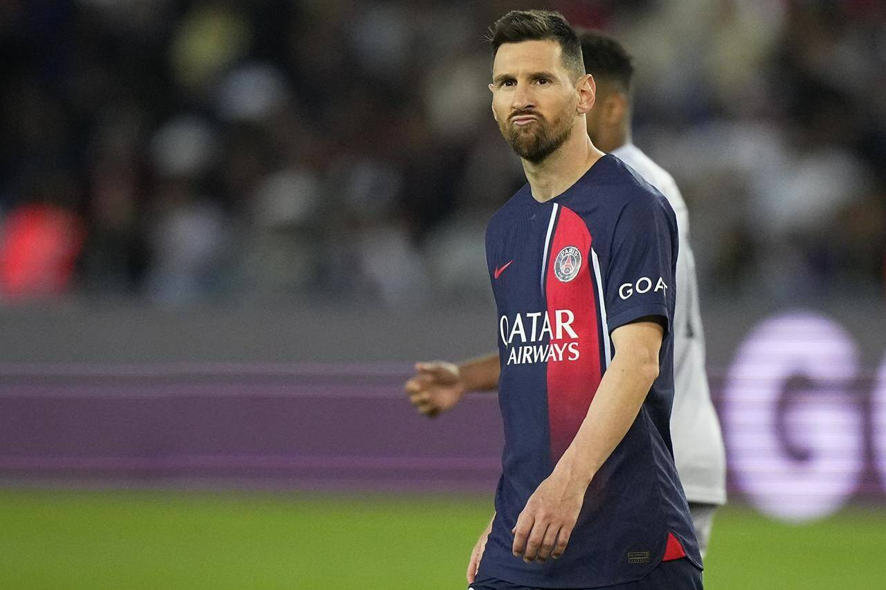 PSG’s Lionel Messi grimaces during the French League One soccer match between Paris Saint-Germain and Clermont at the Parc des Princes in Paris, France, Saturday, June 3, 2023. (AP Photo/Michel Euler)