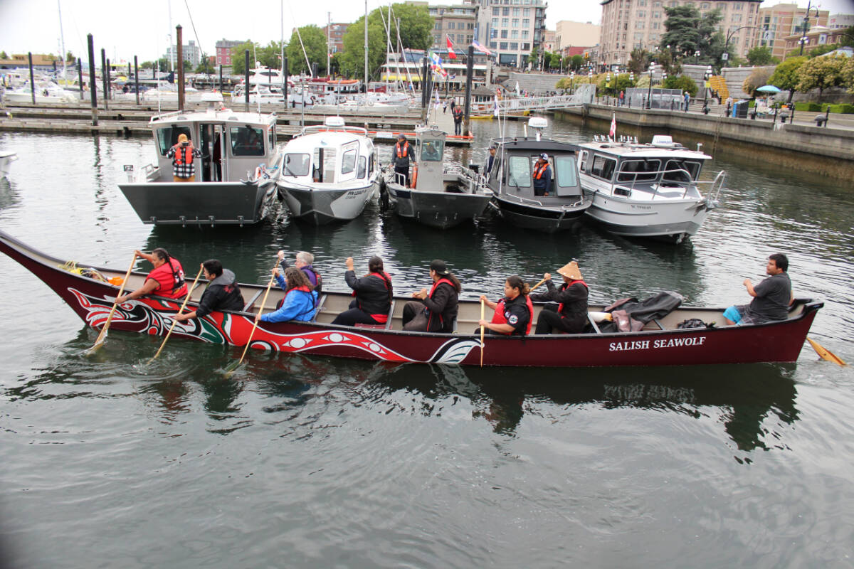 Marine vessels from seven South Island First Nations cruised into Victoria’s Inner Harbour to celebrate Indigenous ocean stewardship and show the value of recent government funding. (Natasha Baldin/News photo)