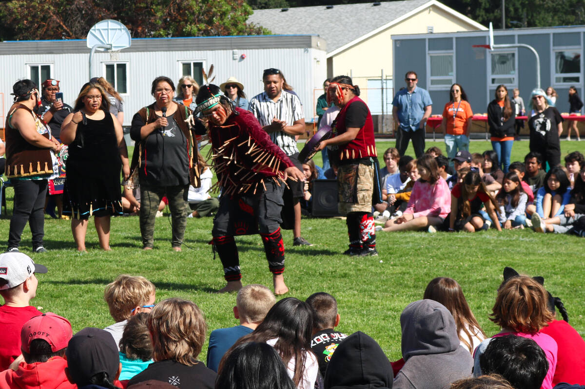 Joseph Singers and Dancers from Esquimalt Nation performed at Spencer Middle School to mark National Indigenous Peoples Day on (Wednesday) June 14. (Bailey Moreton/News Staff)