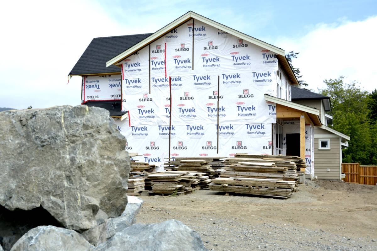 A home under construction at Woodland Creek in Sooke. The district is on the province's 'naughty list,' and must to speed up home construction or face penalties. (Kevin Laird - Sooke News Mirror)