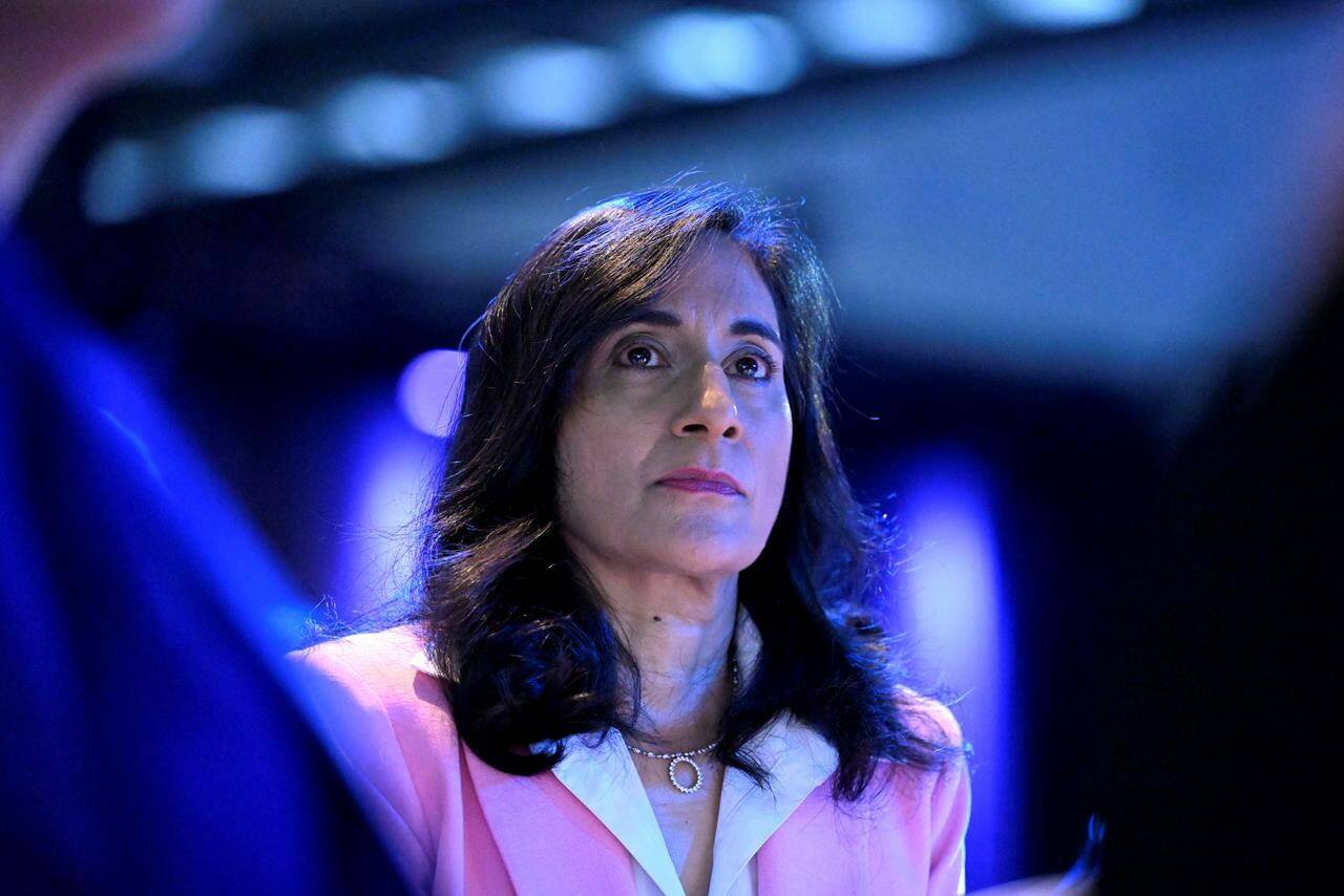 Defence Minister Anita Anand looks on after making a keynote address at the CANSEC trade show in Ottawa, on Wednesday, May 31, 2023. THE CANADIAN PRESS/Justin Tang