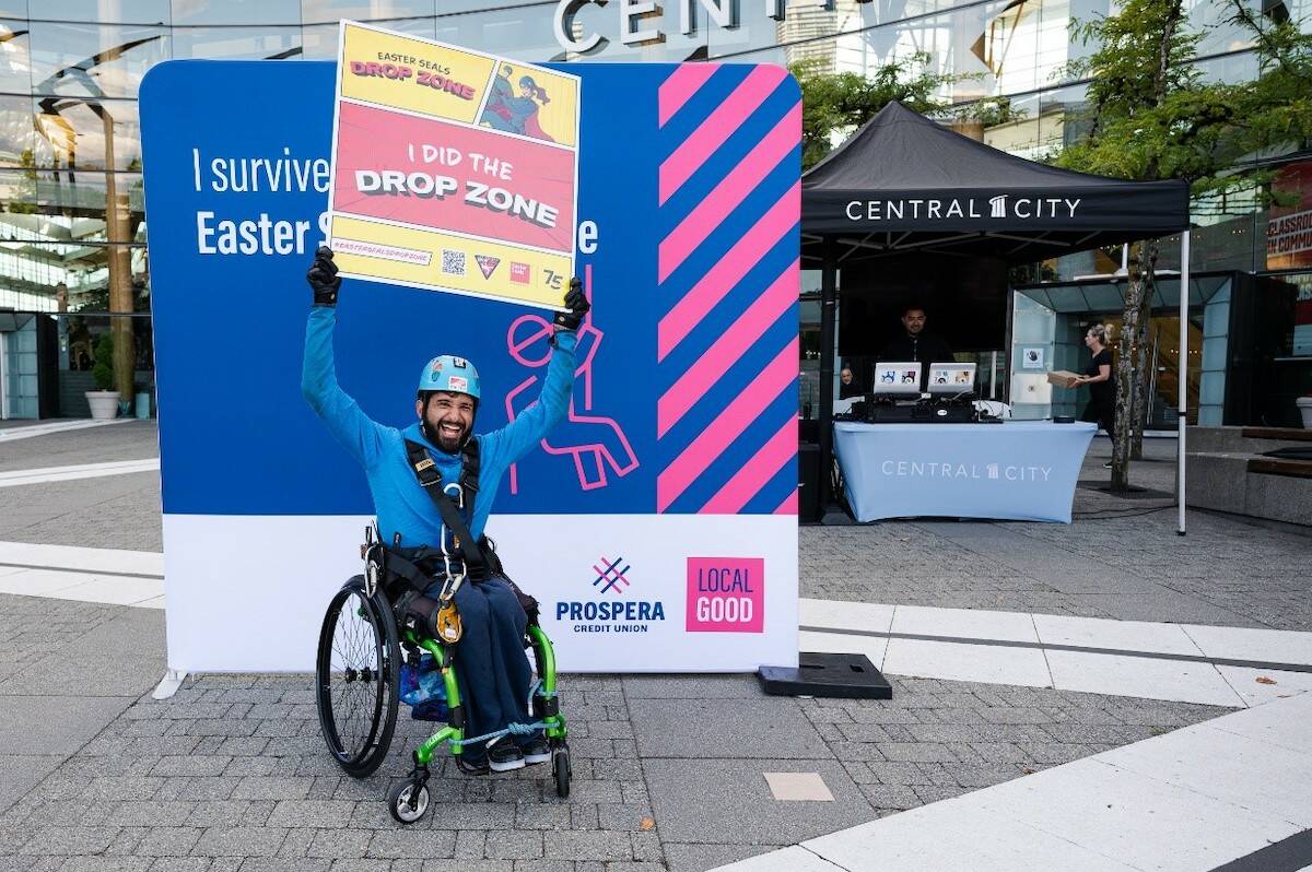 Balraj Partridge after completing the Drop Zone at last years Easter Seals BC/Yukon’s annual Drop Zone fundraiser. (Jennifer Vasarhely/Contributed to Black Press Media)
